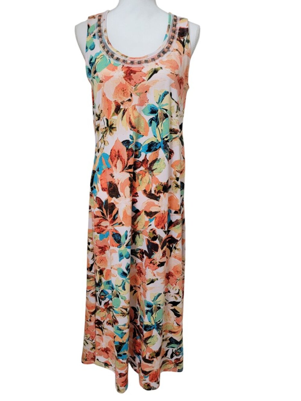 Kim Rogers Petite, Size LP Sleeveless Stretchy Maxi Dress with Beaded Neckline